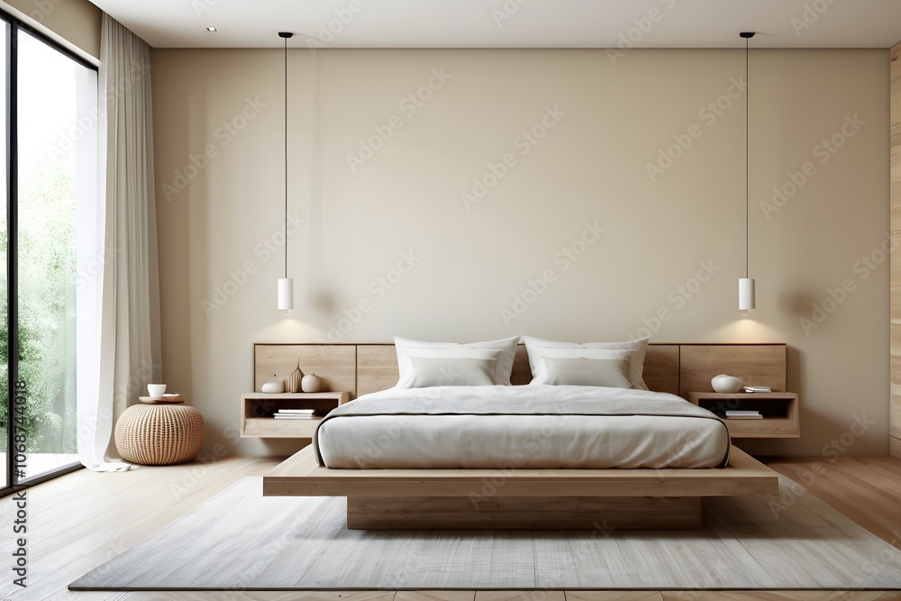 Modern beige bedroom with a platform bed and empty wall with copy space. Modern beige bedroom with a platform bed and empty wall with copy space.