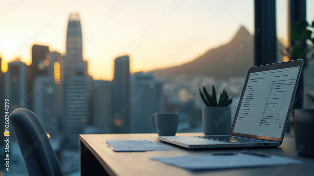 A serene workspace with a laptop, plant, and coffee cup, overlooking a city skyline at sunset. A serene workspace with a laptop, plant, and coffee cup, overlooking a city skyline at sunset.