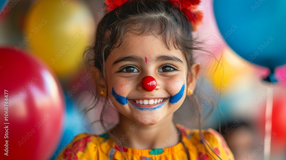 Young girl with red paint on her face and blue paint on her lips is smiling. She is surrounded by balloons, other children. Indian child, dressed in vibrant festive clothing with a playful clown nose Young girl with red paint on her face and blue paint on her lips is smiling. She is surrounded by balloons, other children. Indian child, dressed in vibrant festive clothing with a playful clown nose