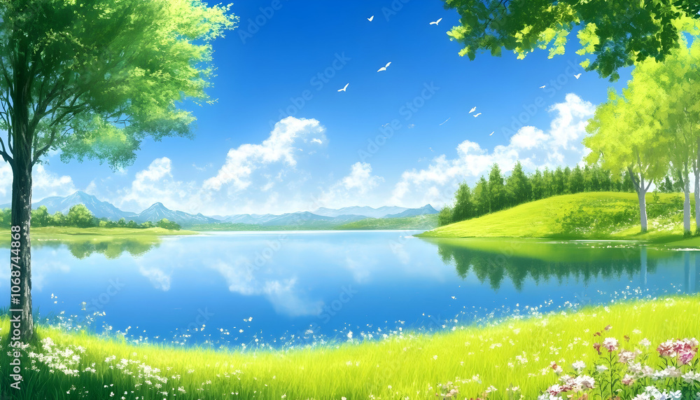 Tranquil lake surrounded by lush greenery under a clear blue sky. Stock ...
