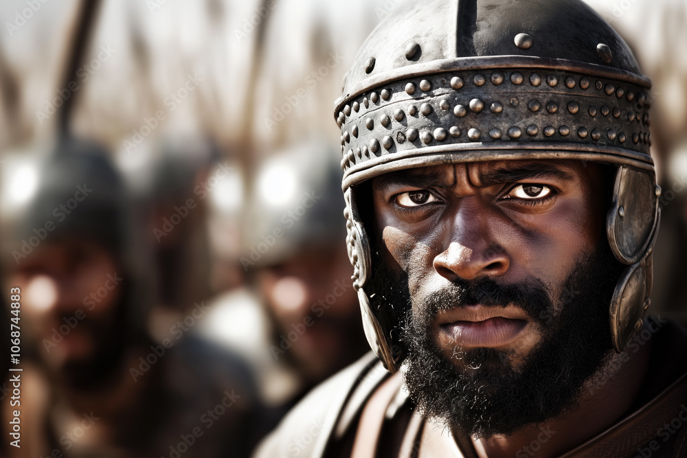 Close-up of a fierce soldier in ancient armor with a focused gaze, symbolizing strength, courage, and determination. Perfect for historical and biblical themes. Close-up of a fierce soldier in ancient armor with a focused gaze, symbolizing strength, courage, and determination. Perfect for historical and biblical themes.