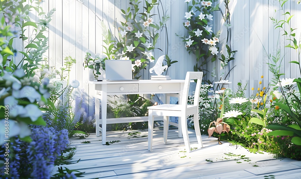 White Desk and chair in the garden White Desk and chair in the garden