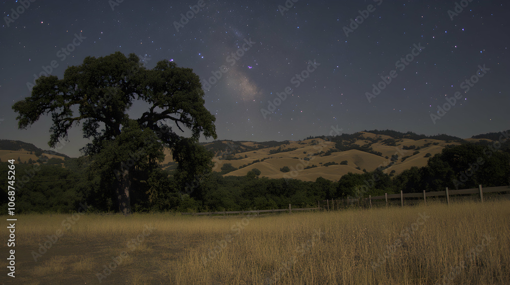 A sprawling landscape of rolling hills under a starlit night sky, with a solitary oak tree standing tall in the foreground. A sprawling landscape of rolling hills under a starlit night sky, with a solitary oak tree standing tall in the foreground.