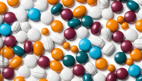 Background of colorful capsules and round medicines. The capsules are arranged randomly, The image is sharp and bright