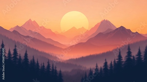 A picturesque sunset over a mountain range with a dense forest in the foreground. The sun is setting in the distance, casting a warm glow over the landscape.