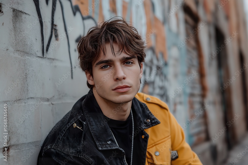 A stylish young man poses confidently in an urban alleyway adorned with colorful graffiti, showcasing modern street fashion and a relaxed demeanor A stylish young man poses confidently in an urban alleyway adorned with colorful graffiti, showcasing modern street fashion and a relaxed demeanor