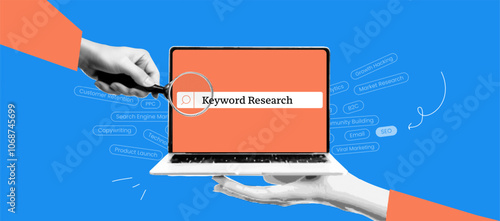 Keyword Search on Laptop Banner Collage. Vintage Halftone Concept for SEO, Advertising, and Online Discovery. Vector Graphic Design.