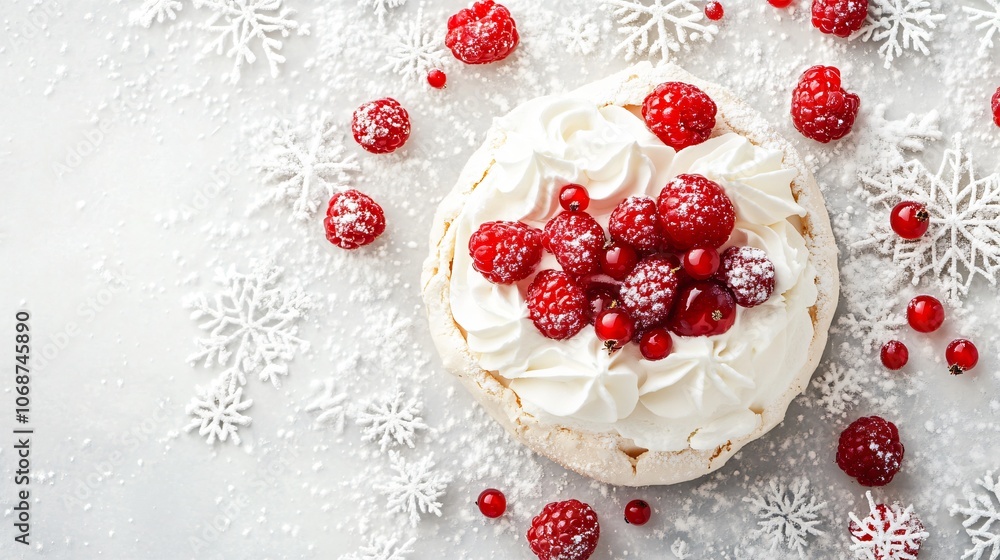 Classic Christmas Pavlova topped with whipped cream and red berries on a soft winter white background with subtle snowflake patterns Classic Christmas Pavlova topped with whipped cream and red berries on a soft winter white background with subtle snowflake patterns