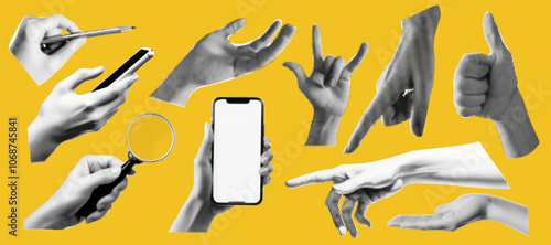 Set of hands gestures at the popart style and halftone effect on the bright yellow background. Trendy zine dadaizm elements isolated as a png. Vintage white and black retro collection.