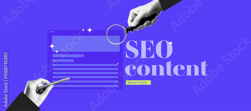 SEO Content Banner Collage with Halftone Magnifying Glass in Hand. Design for Digital Search, Data Analysis, Internet Marketing. Vector Icon for Business, Web,  Analytics.