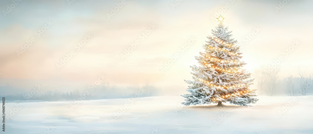 A serene winter scene featuring a snow-covered Christmas tree illuminated with warm lights against a soft, pastel sky. A serene winter scene featuring a snow-covered Christmas tree illuminated with warm lights against a soft, pastel sky.
