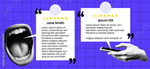 Client Testimonials Collage Banner with Halftone Elements Hand, Mouth and Smartphone. Vector Background for Social Review, Customer Feedback, Digital Comment Box.