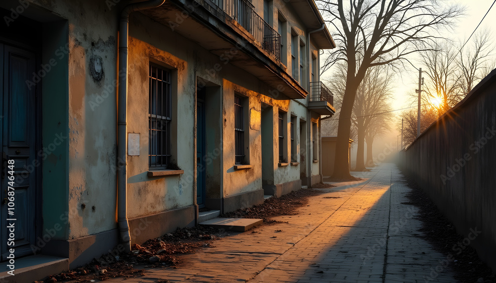 The shadow of an old abandoned building falling on the sidewalk, with the effect of fading light in the evening The shadow of an old abandoned building falling on the sidewalk, with the effect of fading light in the evening