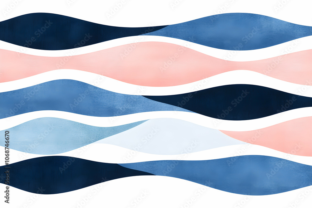 Fototapeta premium Abstract watercolor painting of wavy lines in shades of blue and pink on a white background.