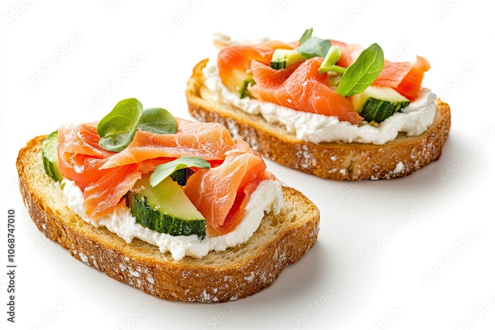 Bruschetta with cream cheese, salmon and vegetables isolated on a white background. Toast isolated. Sandwich isolated. Sandwich with salmon and cheese. High quality photo Bruschetta with cream cheese, salmon and vegetables isolated on a white background. Toast isolated. Sandwich isolated. Sandwich with salmon and cheese. High quality photo