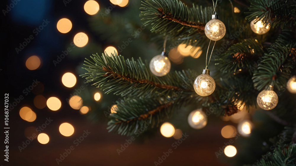 Christmas tree with bokeh lights. Festive background, nice and warm atmosphere, close up, copy space Christmas tree with bokeh lights. Festive background, nice and warm atmosphere, close up, copy space