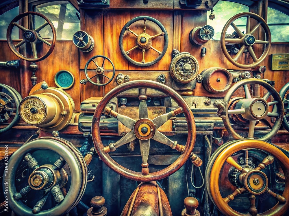 Obraz premium Vintage Steering Wheels: Automobiles, Ships, Bikes & Aircraft