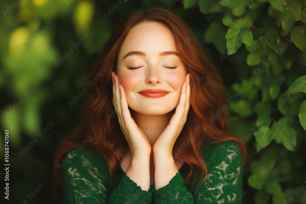 A fat caucasian young woman with brunette long hair is captured , radiating genuine as she enjoys a moment outdoors, surrounded by greenery A fat caucasian young woman with brunette long hair is captured , radiating genuine as she enjoys a moment outdoors, surrounded by greenery
