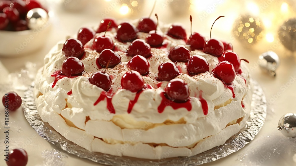 Layered Pavlova with vanilla custard and cherry topping on a bright cream background, with tiny silver bells Layered Pavlova with vanilla custard and cherry topping on a bright cream background, with tiny silver bells