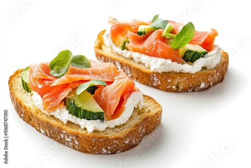 Bruschetta with cream cheese, salmon and vegetables isolated on a white background. Toast isolated. Sandwich isolated. Sandwich with salmon and cheese. High quality photo