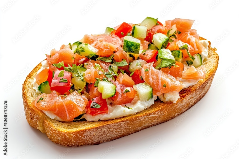 Bruschetta with cream cheese, salmon and vegetables isolated on a white background. Toast isolated. Sandwich isolated. Sandwich with salmon and cheese. High quality photo Bruschetta with cream cheese, salmon and vegetables isolated on a white background. Toast isolated. Sandwich isolated. Sandwich with salmon and cheese. High quality photo