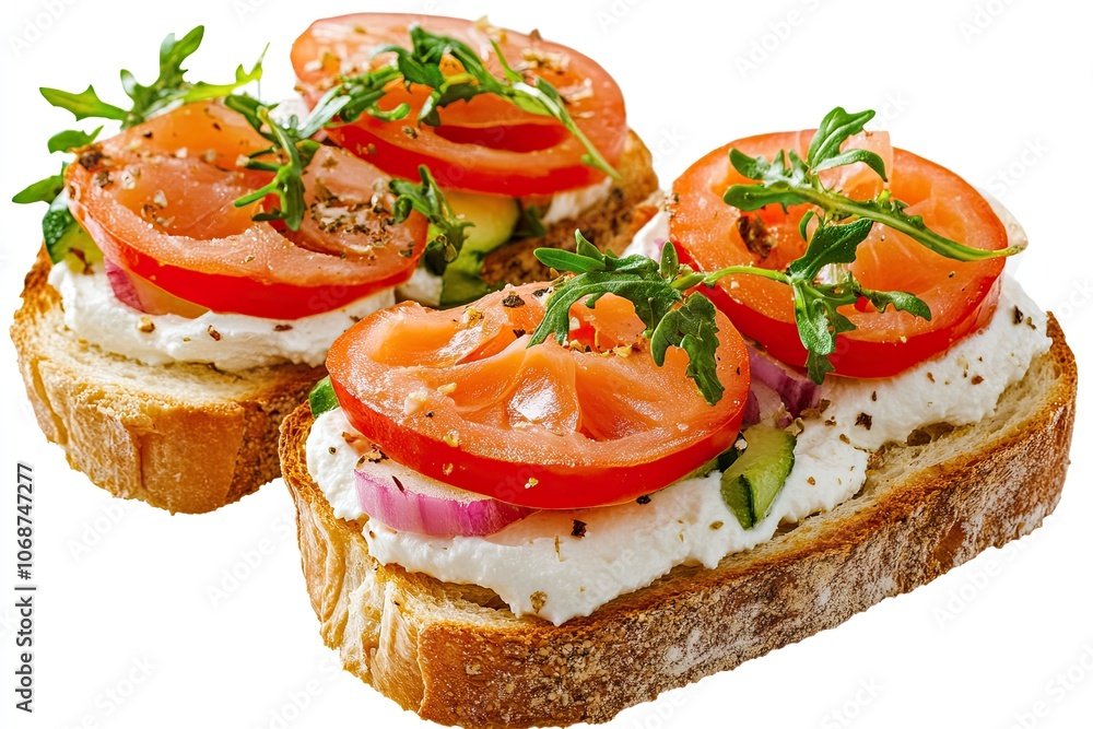 Bruschetta with cream cheese, salmon and vegetables isolated on a white background. Toast isolated. Sandwich isolated. Sandwich with salmon and cheese. High quality photo Bruschetta with cream cheese, salmon and vegetables isolated on a white background. Toast isolated. Sandwich isolated. Sandwich with salmon and cheese. High quality photo