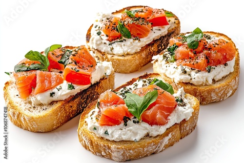 Bruschetta with cream cheese, salmon and vegetables isolated on a white background. Toast isolated. Sandwich isolated. Sandwich with salmon and cheese. High quality photo