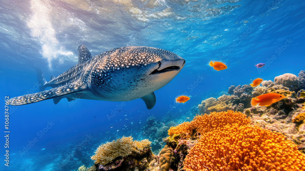Fototapeta premium Whale shark glides gracefully over vibrant coral reef with colorful fish, AI