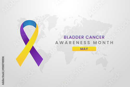 Bladder cancer awareness illustration on white background with yellow, purple and blue ribbon.