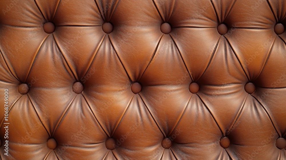 Close-up view of brown leather upholstery with a tufted pattern and buttons, showcasing texture and quality craftsmanship Close-up view of brown leather upholstery with a tufted pattern and buttons, showcasing texture and quality craftsmanship