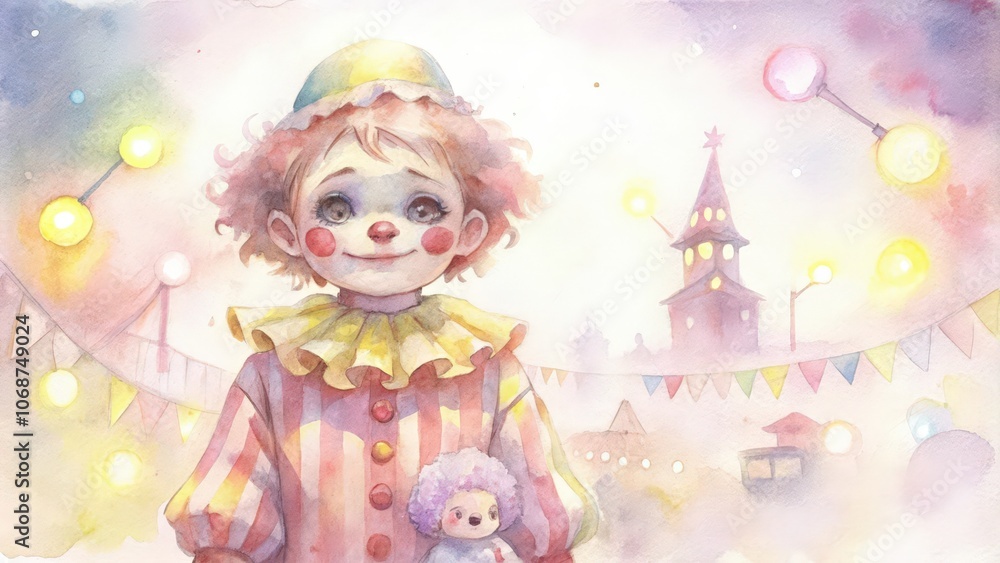 Watercolor Illustration of a Young Clown with a Plush Toy in a Festive Setting Watercolor Illustration of a Young Clown with a Plush Toy in a Festive Setting