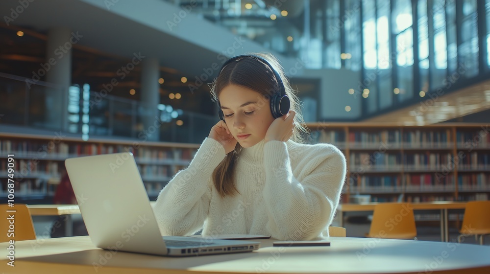 Concentrated young female student engaged in academic research with laptop and headphones at modern library desk, writing notes and studying online. Concentrated young female student engaged in academic research with laptop and headphones at modern library desk, writing notes and studying online.