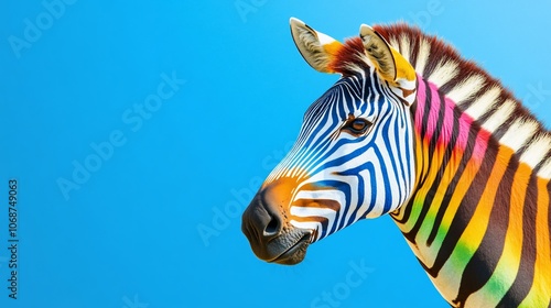 A colorful zebra with rainbow stripes against a blue sky. photo