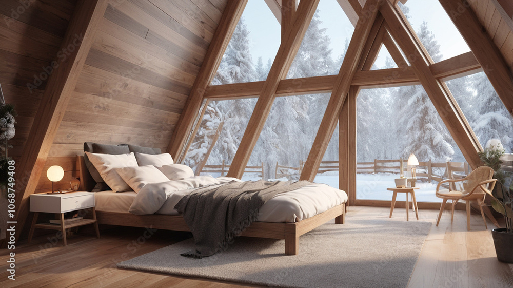 The cozy interior of an A-frame house, a warm room during the winter The cozy interior of an A-frame house, a warm room during the winter