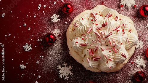 Traditional Pavlova topped with whipped cream and peppermint pieces on a dark red background, surrounded by snowflakes photo