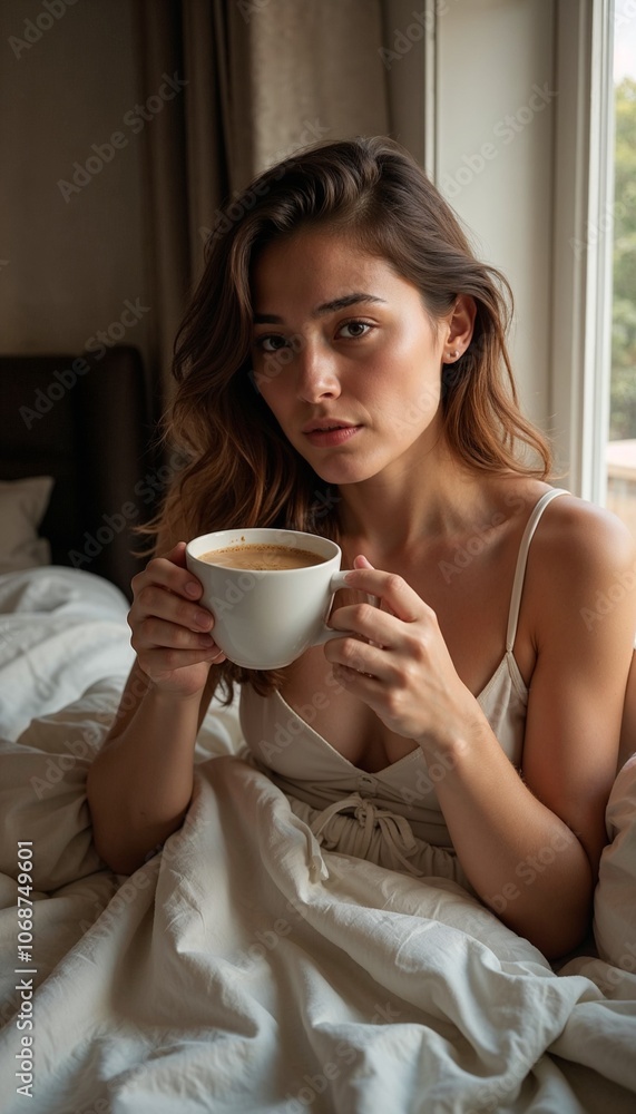 Young woman with a relaxed expression enjoying coffee in bed, cozy morning atmosphere Young woman with a relaxed expression enjoying coffee in bed, cozy morning atmosphere