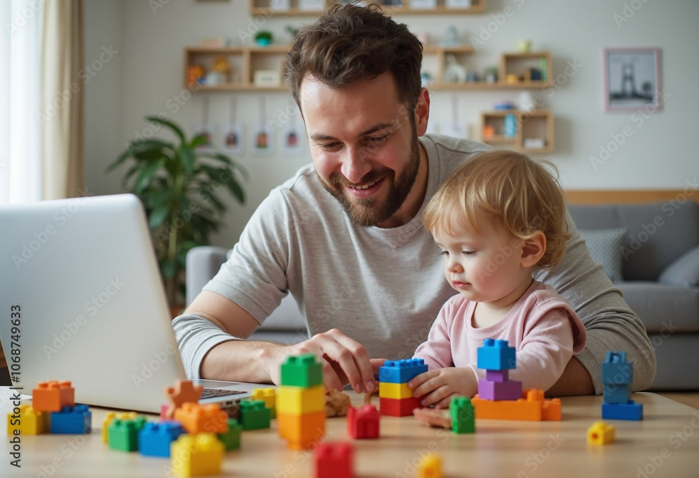Father engages with child while working remotely on laptop embracing modern parenting and playtime activities Father engages with child while working remotely on laptop embracing modern parenting and playtime activities
