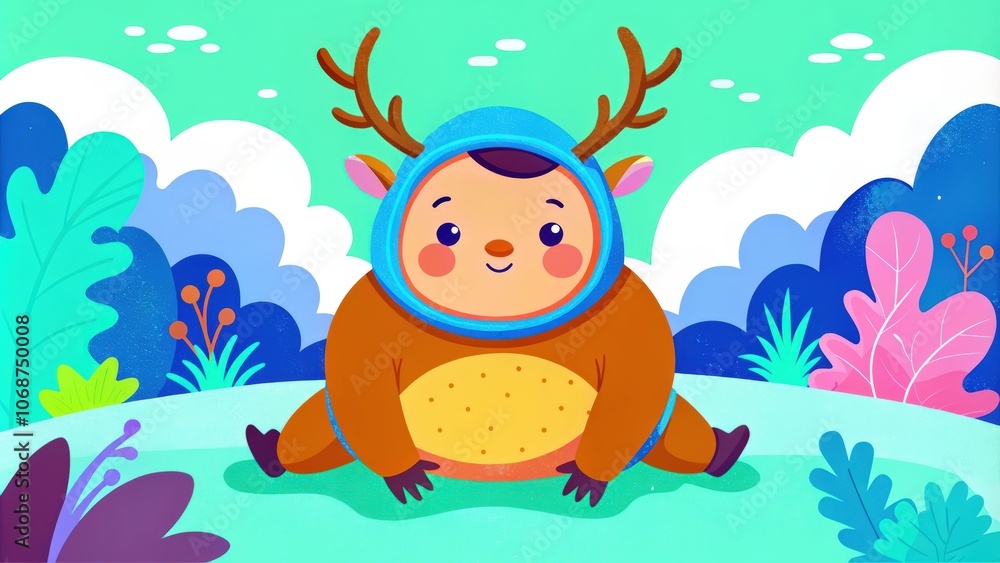 Cartoon Baby Reindeer Wearing a Blue Costume Sitting on a Green Hill Cartoon Baby Reindeer Wearing a Blue Costume Sitting on a Green Hill