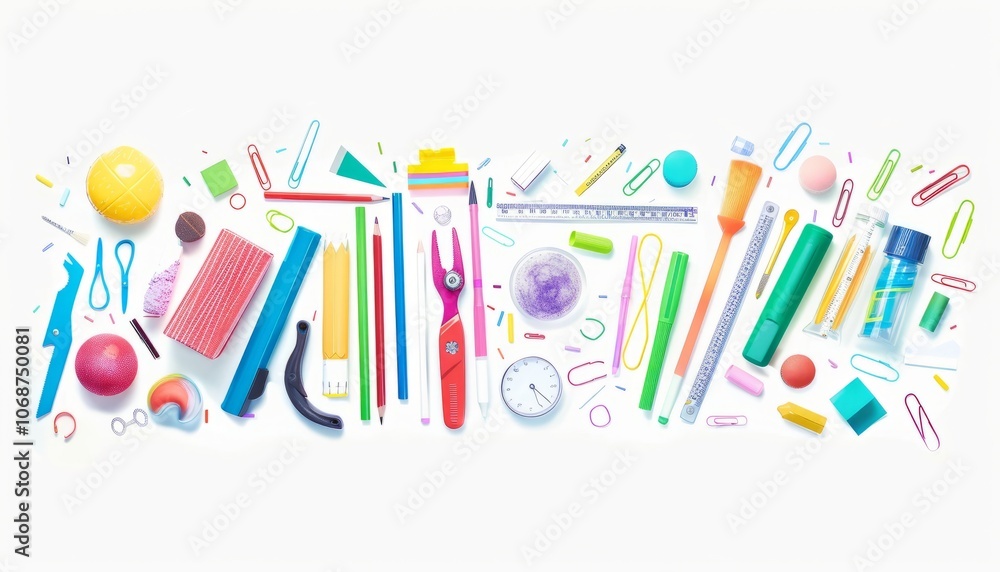 Vibrant School Supplies: A Colorful Mix on a White Canvas