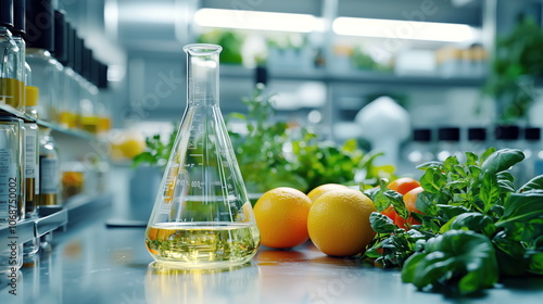 Research lab setup featuring a flask of yellow liquid with fresh herbs and citrus fruits, showcasing the blend of science and natural product development.