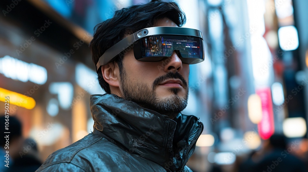 Man Wearing Augmented Reality Glasses in Urban Setting Man Wearing Augmented Reality Glasses in Urban Setting