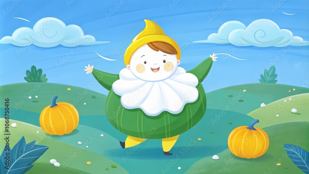 Fototapeta premium A Happy Cartoon Character Dressed as a Pumpkin in a Field