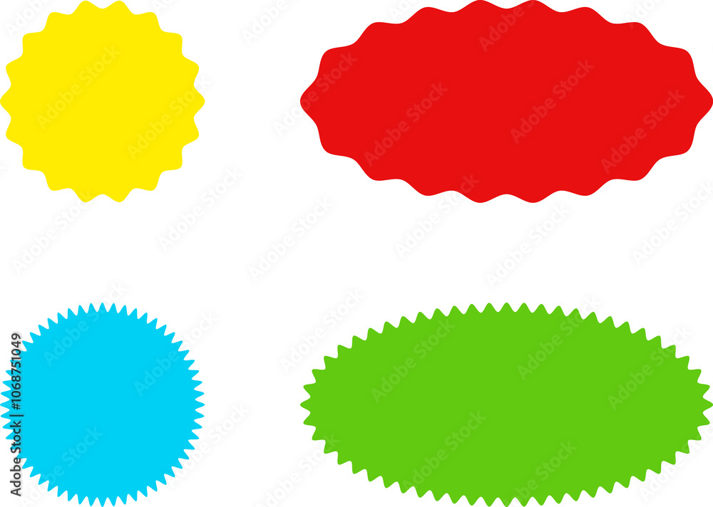 Different color starburst sunburst badges shapes, sticker set. Collection of special offer sale oval and round shaped sunburst labels and badges. Promo stickers with star edges. Different color starburst sunburst badges shapes, sticker set. Collection of special offer sale oval and round shaped sunburst labels and badges. Promo stickers with star edges.