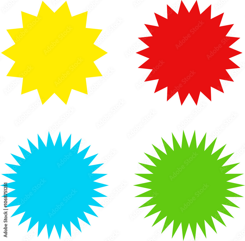 Different color starburst sunburst badges shapes, sticker set. Collection of special offer sale oval and round shaped sunburst labels and badges. Promo stickers with star edges. Different color starburst sunburst badges shapes, sticker set. Collection of special offer sale oval and round shaped sunburst labels and badges. Promo stickers with star edges.