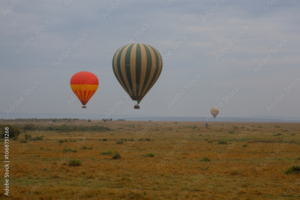 Obraz premium Hot air balloons flying over African savannah landscape 