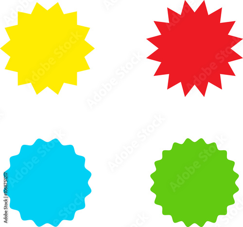 Different color starburst sunburst badges shapes, sticker set. Collection of special offer sale oval and round shaped sunburst labels and badges. Promo stickers with star edges. photo