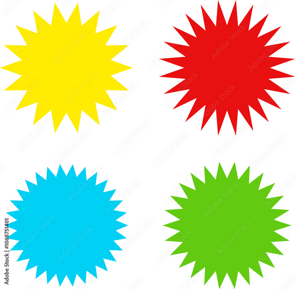 Different color starburst sunburst badges shapes, sticker set. Collection of special offer sale oval and round shaped sunburst labels and badges. Promo stickers with star edges. Different color starburst sunburst badges shapes, sticker set. Collection of special offer sale oval and round shaped sunburst labels and badges. Promo stickers with star edges.
