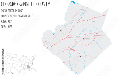 Large and detailed map of Gwinnett County in Georgia, USA.