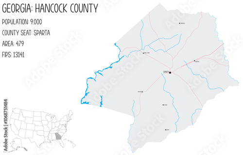Large and detailed map of Hancock County in Georgia, USA.
