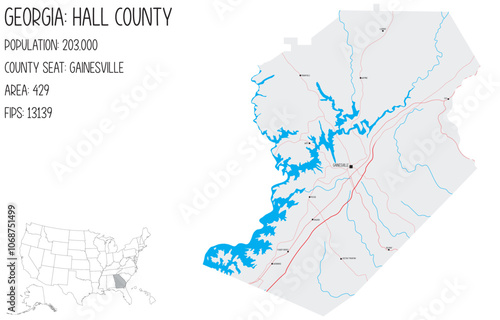 Large and detailed map of Hall County in Georgia, USA.